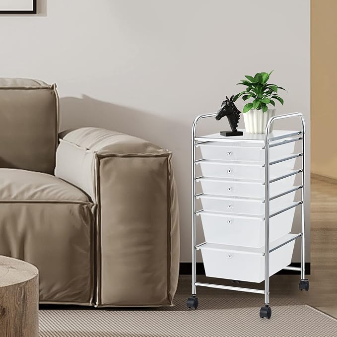 COSTWAY 6-Drawer Rolling Storage Cart, Art Craft Tools Organizer on Wheels | Multifunctional Heavy Duty Utility Mobile Storage Trolley w/ 2 Lockable Wheels for Home Office School (Clear)