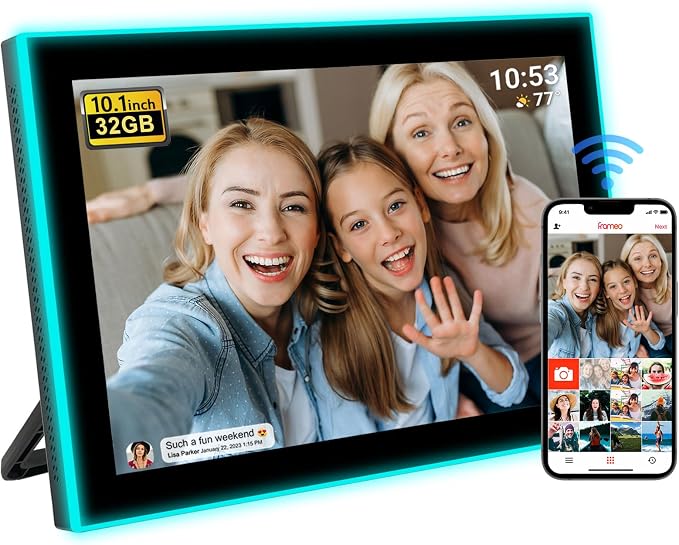32GB FRAMEO 10.1 Inch WiFi Digital Photo Frame, 1280x800 HD IPS LCD Touch Screen, Auto-Rotate, 32GB Storage, Support USB Drive/SD Card Extend Storage, Share Moments via Frameo App