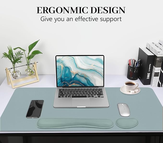 Desk Mat Set,3-in-1 Mouse Pad with Wrist Rest and Keyboard Pad | 31.5" x 15.7" Ergonomic Keyboard and Mouse Pad Set, Memory Foam Keyboard Wrist Rest, Waterproof Computer Mat, Mist Blue