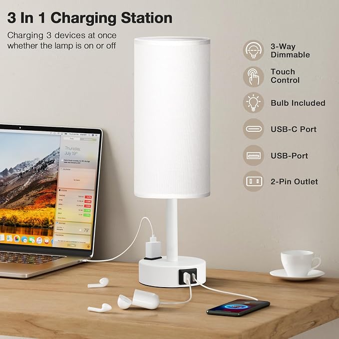 Matte White Bedside Table Lamp for Bedroom - 3 Way Dimmable Touch Lamp USB C Charging Ports and AC Outlet, Small Lamp Round Flaxen Fabric Shade for Living Room, Desk, LED Bulb Included