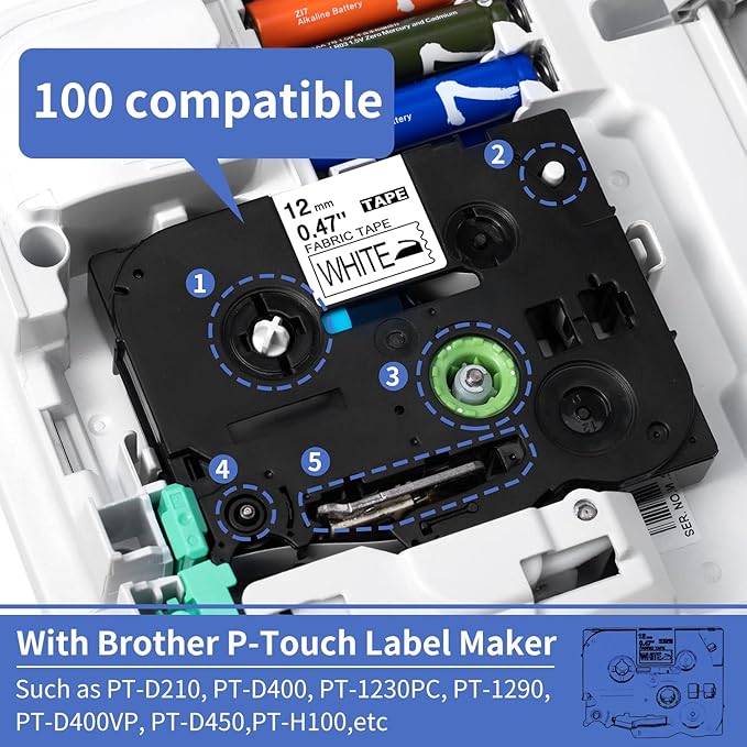 Freshworld 5-PK TZe-FA231 Replace for Brother Label Maker Tape Fabric Iron-On Labels for Clothing Compatible with Brother P-Touch Label Tape 12mm 0.47 White Refill for PT-D210 H110 H100 D400 D600 1280