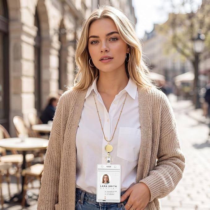 Lanyards for ID Badges Gold Stainless Steel Badge Lanyards with 2 Pcs Waterproof Id Badge Holder Retractable Id Badge Lanyards Teacher Lanyard for Cruise Ship Key Cards Id Badges