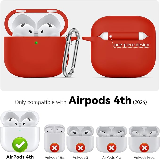 for AirPods 4 Case 2024 with Cleaner Kit & Keychain-Magnetic Red | Silicone Protective Cover for Apple AirPods 4th Generation Case,for Women Men,One-Piece Design,Shockproof,Dust Proof,Magnetic