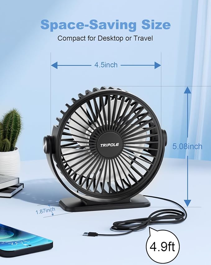 TriPole Small Desk Fan USB Powered 2 Pack Black, Portable Quiet Mini Fan | 3 Speeds, 360°Rotation, Desk Fans Small Quiet, 4.9ft Cable, Strong Breeze for Desktop Bedroom Office Table Travel