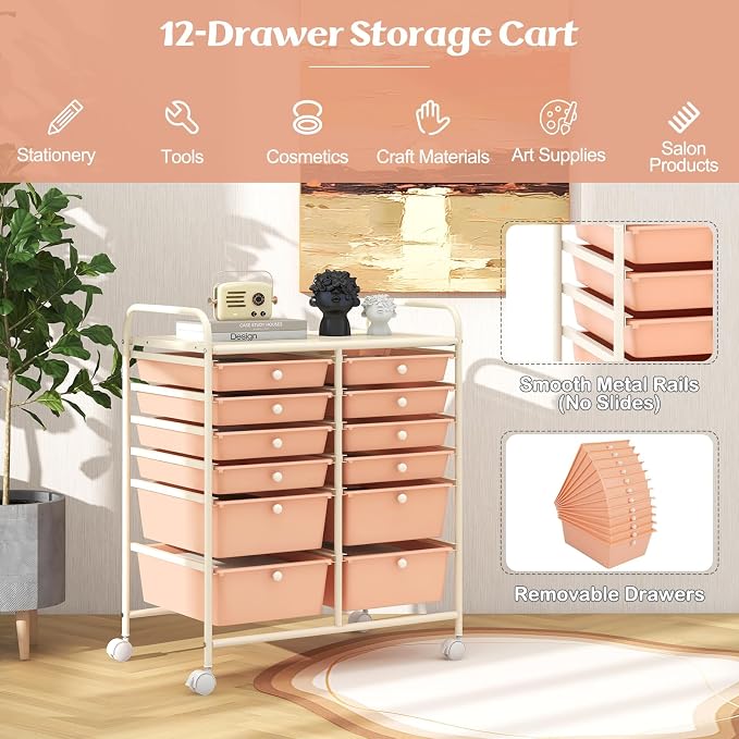 12 Drawer Rolling Storage Cart, Craft Cart Organizer on Wheels w/Metal Frame, Large Capacity & Smooth Drawer, Rolling Cart w/Drawers for Classroom, Office