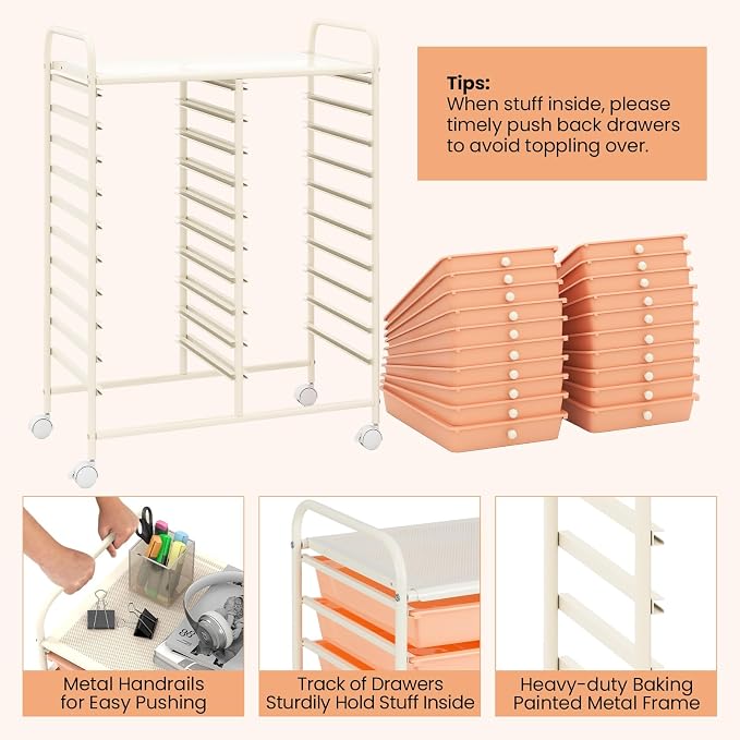 RELAX4LIFE 20-Drawer Rolling Storage Cart - Mobile Rolling Cart w/Drawers for School Classroom Teacher Office Home Salon, Paper File Art Supply Craft Organizer, Utility Cart on Wheels (Pink)