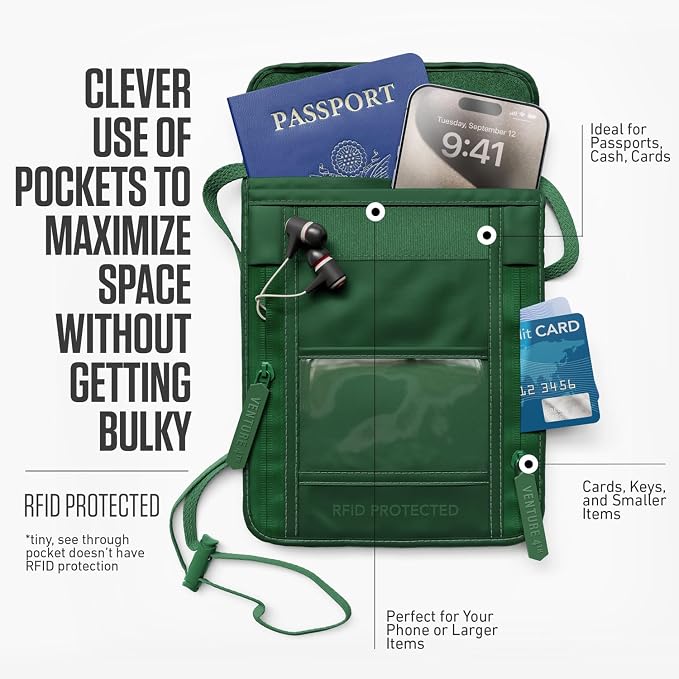 VENTURE 4TH Travel Neck Wallet, RFID Blocking Passport Holder - Sleek Green