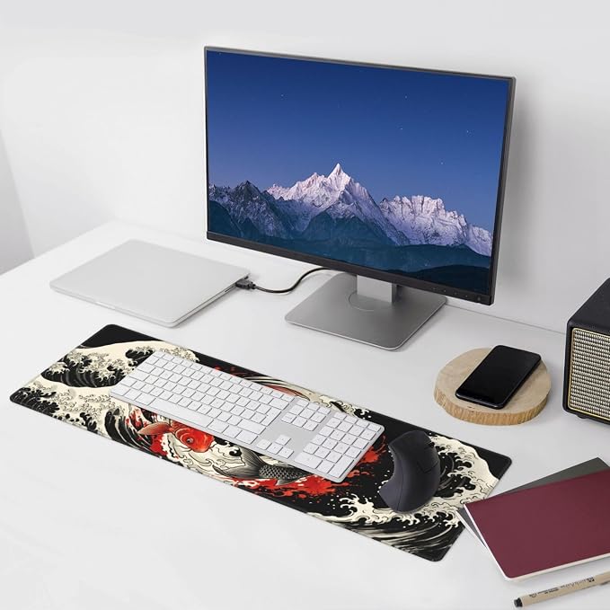 Japanese Koi Fish Wave Gaming Mouse Pad Large Extended Desk Mat Non-Slip Rubber Base Keyboard Pad with Stitched Edges for Office Gaming 31.5x11.8 in