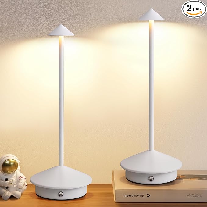 Modern Cordless Table Lamp Set of 2, White Portable LED Desk Lamps | 5000mAh, Rechargeable, Battery Operated Lighting for Bedroom, Dining Room, Restaurant, Coffee Shop, Camping, Night Light