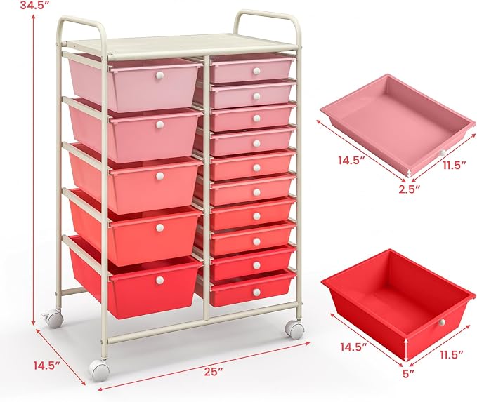 GLACER 15 Drawers Rolling Storage Cart, Steel Frame Craft Organizer Cart | Utility Cart w/Lockable Wheels & Sleek Handle, Mobile Art & Tool Supply Trolley for Teacher, Home, School, Office (Pink)