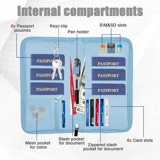 GOAUS Passport Holder for Travel with AirTag Slot, for Family of 4 to 6 | Multiple, Travel Document Organizer, Cards Cash Pockets, RFID Blocking, Waterproof, Gifts, Faux Leather, AirTag Not Included