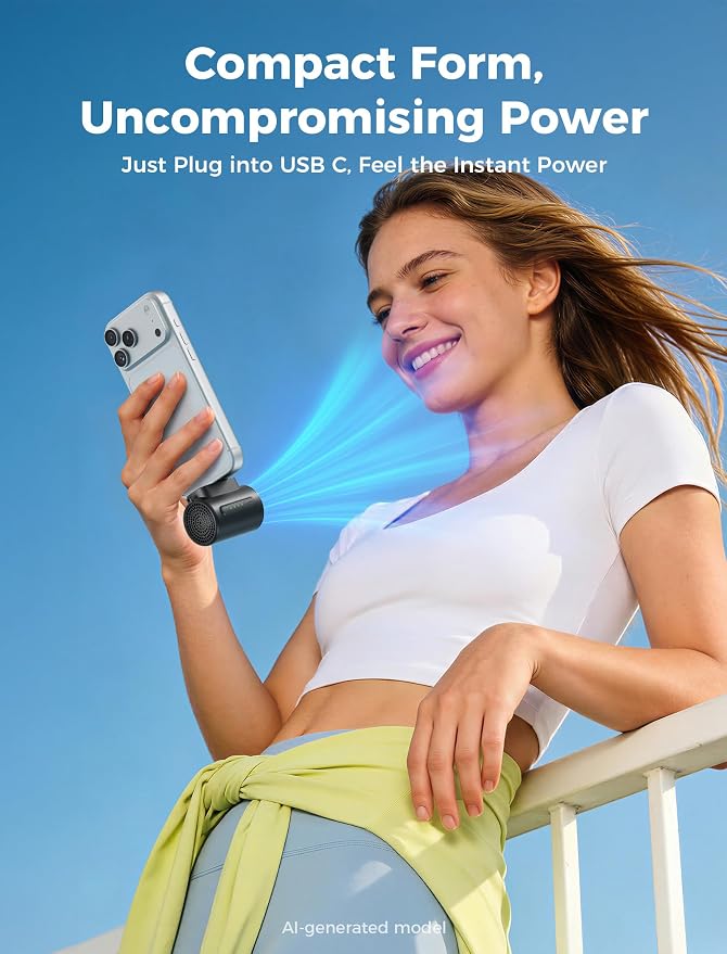 Aecooly Powerful USB C Phone Fan with Flexible Rod, 17000 RPM High Speed | Compatible with iPhone, iPad, Tablet, 4 Speed Mini Portable Phone Fan Attachment for Summer, Travel, Gifts for Women-Black