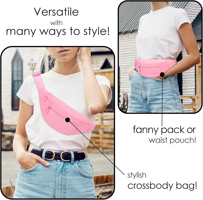 MAXTOP Large Pink Fanny Pack for Women Trendy Cross body Bag with Key Chain | 4-Zipper Pockets,Nylon,Adjustable Strap, Ideal Gift for Theme Park Shopping Traveling Running