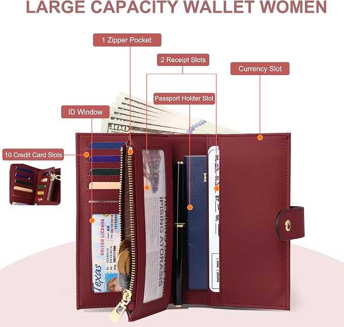yiijay Womens Wallet RFID Blocking Leather Trifold Clutch Wallet Credit Card Holder Ladies Travel Wallet Purse with Passport/Pen Holder