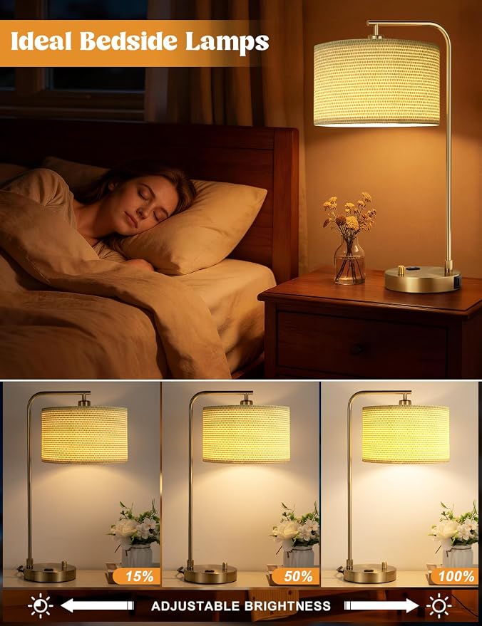 Innqoo Gold Table Lamp with Weaving lampshade, Table Lamp for Bedroom with USB Port and Outlet, Dimmable Nightstand Bedside Lamps with Linen Lampshade, Desk Lamp for Home Office, Living Room