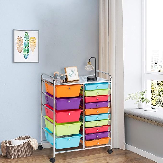 15 Drawer Rolling Storage Cart, Rolling Cart with Drawers for Classroom, Art Supply Craft Organizer on Wheel with Metal Frame & Handles for Home Office School
