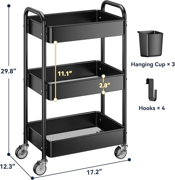 3 Tier Rolling Cart, Heavy Duty Metal Utility Cart with Wheel Black | Sturdy Rolling Storage Cart With Hooks & Hanging Cups, Great For Craft, Art Workspace, Kitchen ,Snack And Office Storage