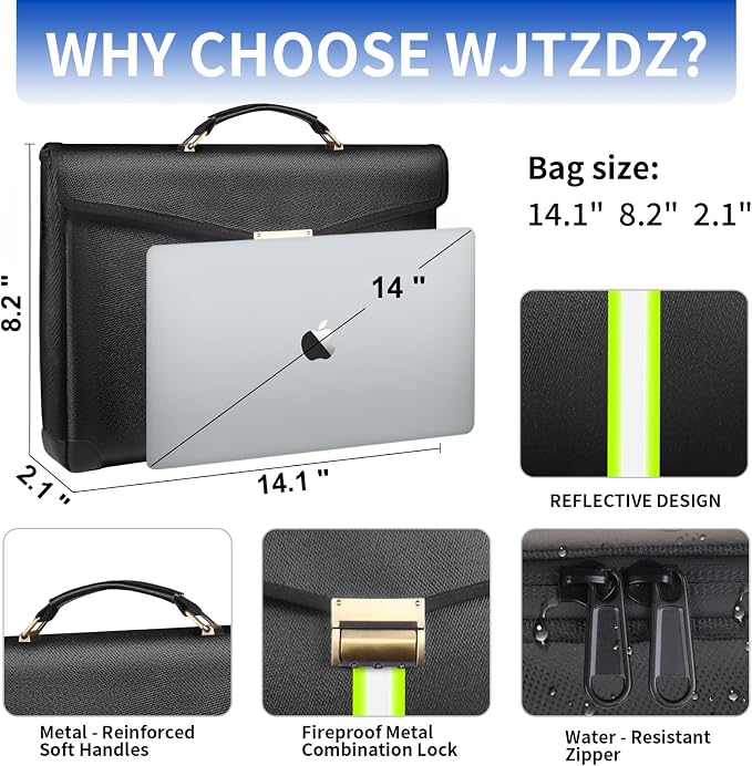 6500°F Fireproof Document Bag with Lock,Upgraded Fireproof/Waterproof Money Bag with Zipper/Reflective Strip,Storage Pouch for A4 Letter Size Document,Cash,Cell Phone,Passport