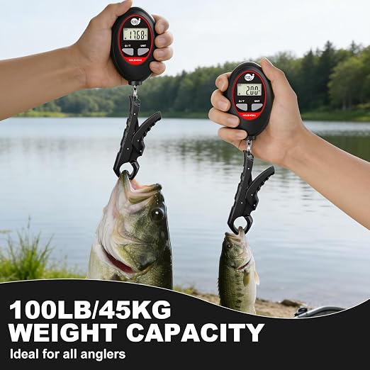 SNAIL TRAIL 100 lbs Digital Fishing Weight Scale & 4.6'' Fish Lip Gripper | LCD Display, Multi-Unit (LB, KG, LB:OZ), Portable Electric Tournament Bass Weigher for Anglers