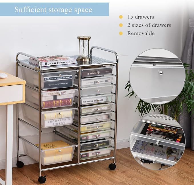 15 Drawer Rolling Storage Cart, Rolling Cart with Drawers for Classroom, Art Supply Craft Organizer on Wheel with Metal Frame & Handles for Home Office School