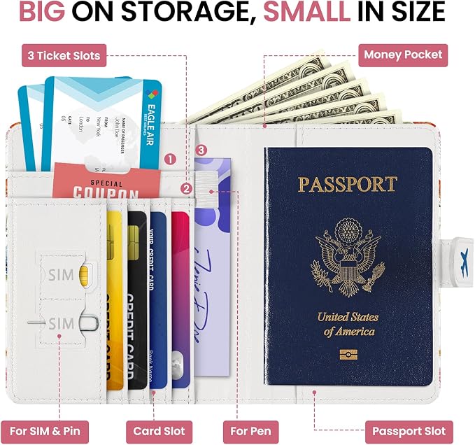 Passport Holder for Travel Essentials, RFID Blocking Leather Cover Wallet with Magnetic Closure, Aesthetic & Cute Passport Book Case for Women and Men - Wildflower