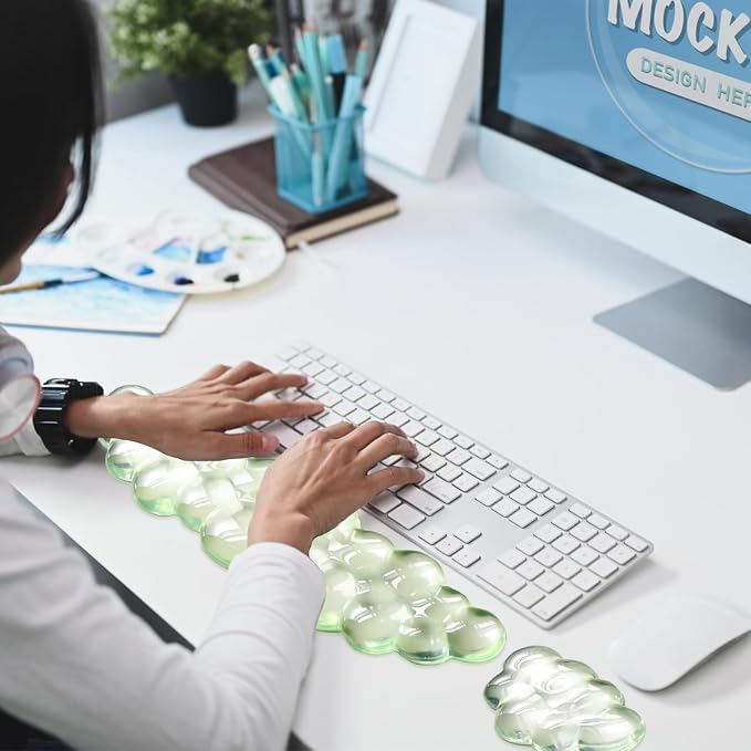 Gel Cloud Wrist Rest Keyboard, Cute Wrist Rest for Computer Keyboard, Green | Ergonomic Keyboard and Mouse Wrist Rest Set, Typing Pain Relief, Cooling Gel, Suitable for Office, Home, Computer, Gaming