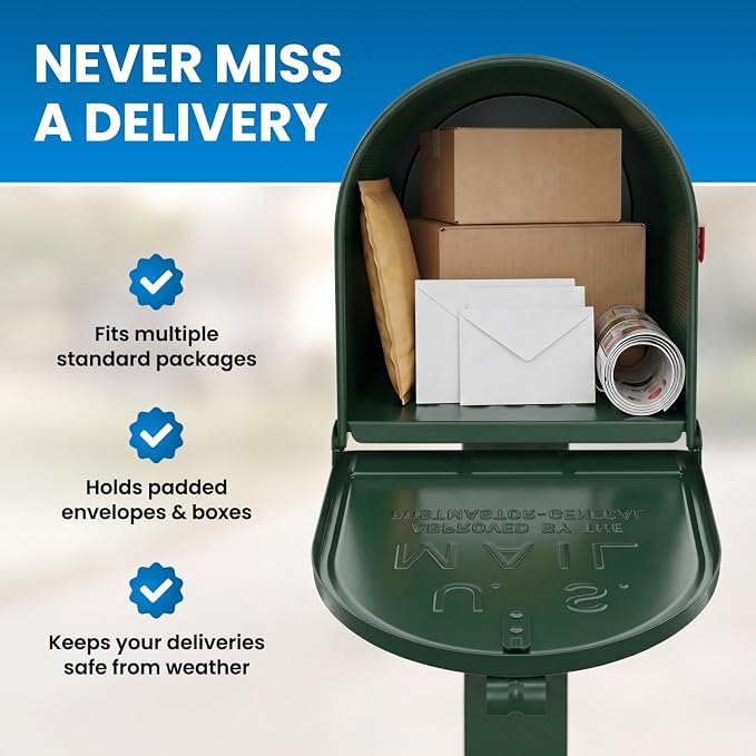 Plexon Jumbo Size Rural Mailbox, 3175 cu-in Capacity, Galvanized Steel, Powder-Coated, 15 in. H x 11.69 in. W x 24.82 in. L, Green, Extra Large