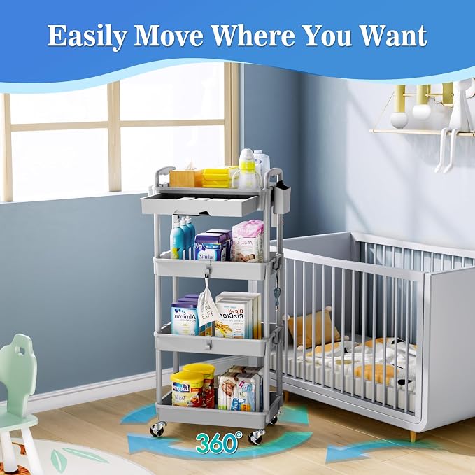 SUNALLY 4 Tier Rolling Cart with Drawer, Craft Storage Cart Organizer, Gray | Bathroom Storage Organizer with 2 Lockable Wheels, Rolling Utility Cart for Kitchen, Office, Baby, Makeup, Nail,Snack,Laundry