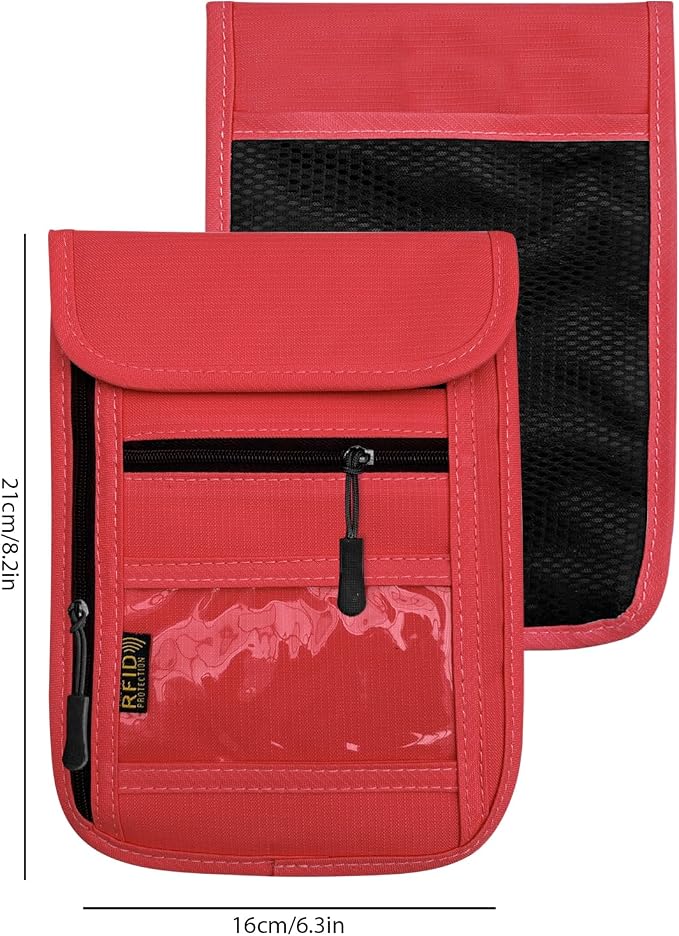 RFID Blocking Travel Neck Wallet Pouch and Passport Holder, Travel Neck Pouch Passport Holder for Women & Men - Red