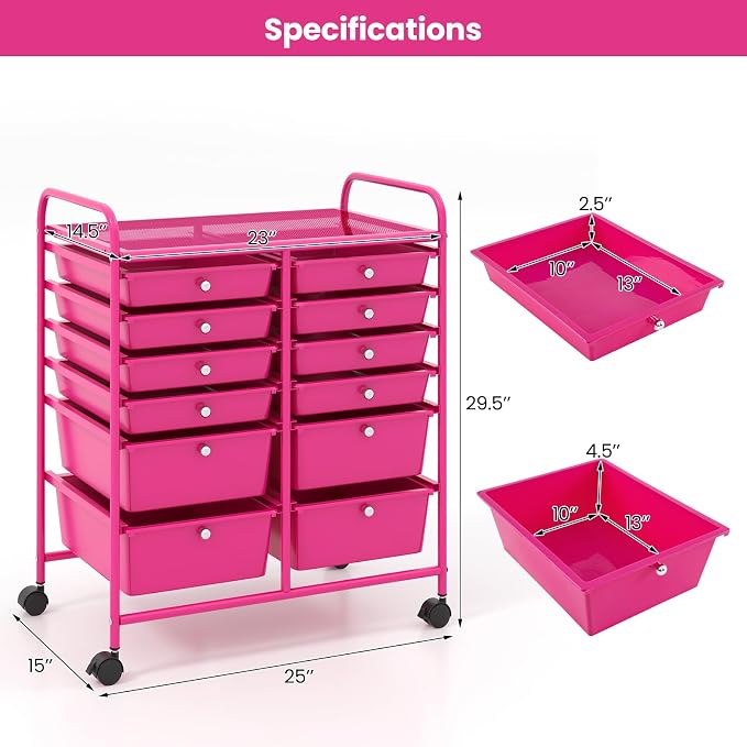 COSTWAY 12-Drawer Rolling Storage Cart, Moveable Art Craft Organizer | Lockable Wheels, Metal Shelf, Files Arrangement Tools Makeup Storage Cart for Office, Home, School (Hot Pink)