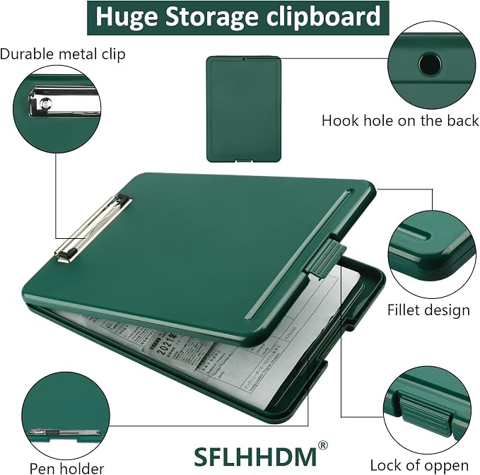Clipboard with Storage,Storage Clipboard with Clip,Clipboards Foldable for Nurse,for 8.5x11 Paper Clip Boards,A4 Clipboards Case with Smooth Writing for Office Supplies Clip Board Case-Emerald
