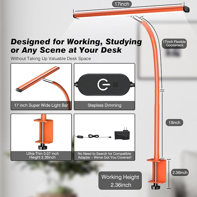 Airlonv LED Desk Lamp with Clamp, 17" Stepless Dimming Light, Orange | 2700K-6500K, 100 LEDs, 360° Gooseneck, Fits Up to 30" Monitors, Flicker-Free Lighting for Home Office, Study& Workbench