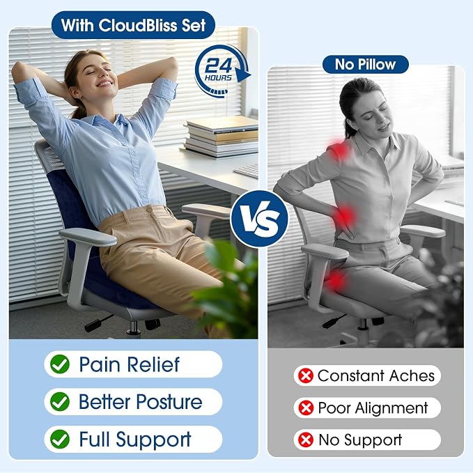 CloudBliss Lumbar Support Pillow & Seat Cushion Set for Office Chair, Desk Chair, Wheelchair & Car–Memory Foam Back Support,Ergonomic Chair Cushions, Sciatica Pain Relief,Home Essentials(Blue,XL)
