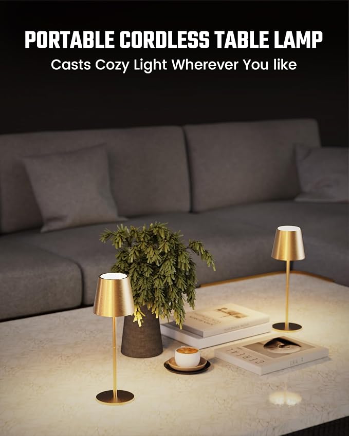 JACKYLED Cordless Table Lamps Rechargeable, 3 Adjustable Height, 5000 Capactiy Operated, 3 Colors Smooth Dimming, Portable LED Waterproof Table Lamp for Dining, Bedroom, Outdoor-Gold