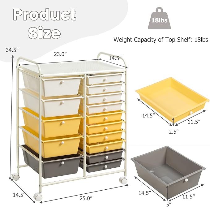 COSTWAY 15 Drawer Rolling Storage Cart, Mobile Storage Organizer | Removable Drawers & Metal Frame, Multipurpose Utility Tools Paper Organizer on Wheels for Home, Office (Yellow, Beige & Grey)