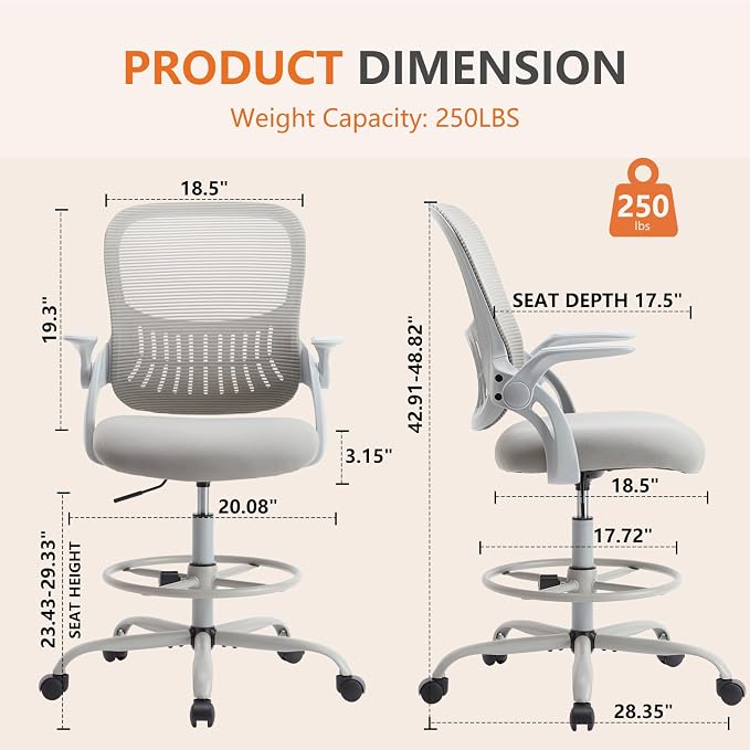 Sweetcrispy Tall Drafting Office Desk Chair - Ergonomic High Stool Computer Chair with Adjustable Height and Comfy Lumbar Support, Rolling Counter Height with Flip-up Arm and Footrest, Grey
