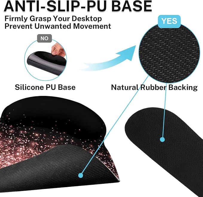 Ergonomic Mouse Pad Set with Wrist Rest, Rose Gold | Pink Black Golden Non-Slip Rubber Base Wrist Cushion Support and Coasters Mousepad with Wrist Support for Computer Keyboard