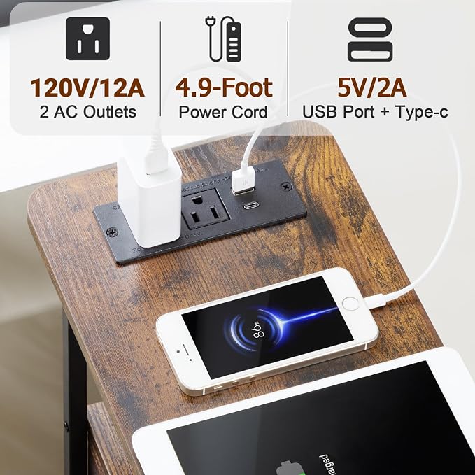 Narrow End Table with Charging Station, Small Nightstand | Skinny Side Tables Living Room with 3 Fabric Drawers, Slim Bedside Table with LED Lights for Bedroom, Small Spaces, Brown