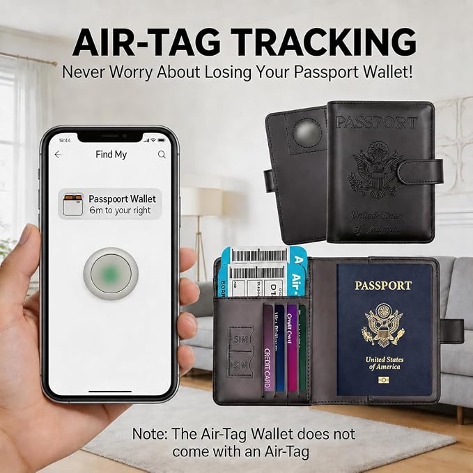 Passport Holder with Air-Tag Slot RFID Blocking Leather Travel Wallet | Multiple Card Compartments, SIM Card Access, Compact Carry Design, Flight Ready Essentials for Men & Women, Black