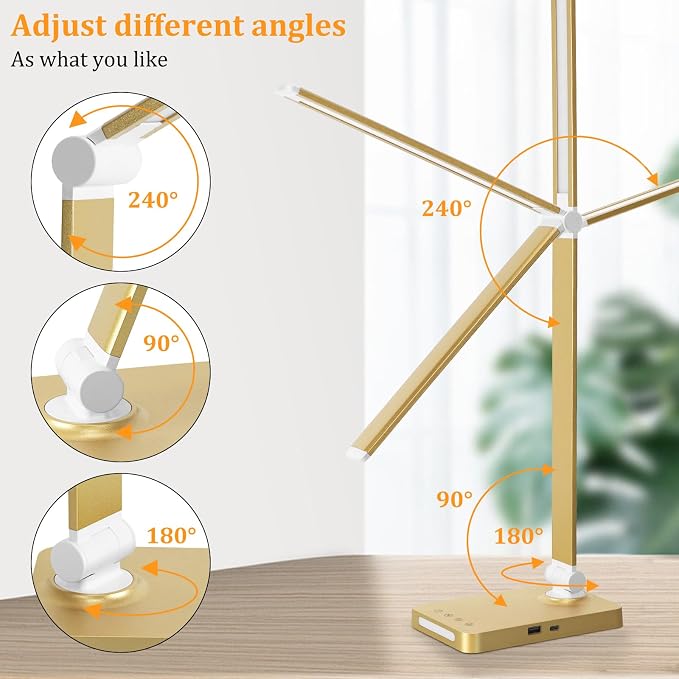 LED Desk Lamp with USB Ports,Touch Desk Lamps for Home Office with 5 Modes | 3 Brightness Desk Light with Small Night Light,Reading Lamp Table Lamp for Bedroom Bedside Study Gold （with adapter）