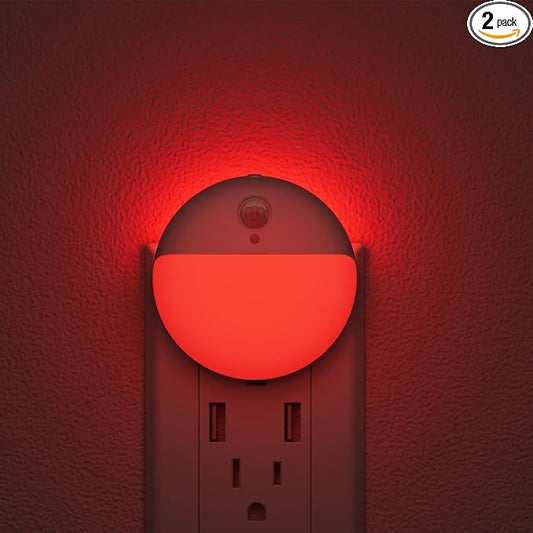 YUNLEX 2 Pack Plug in Red Sleep Night Light with Motion Sensor and Dusk to Dawn Sensor, 3 Modes, Soft Glow, 0% Blue Light True Red, Dimmable, LED Lights for Bedroom, Sleep, Kids, Bathroom, Hallway