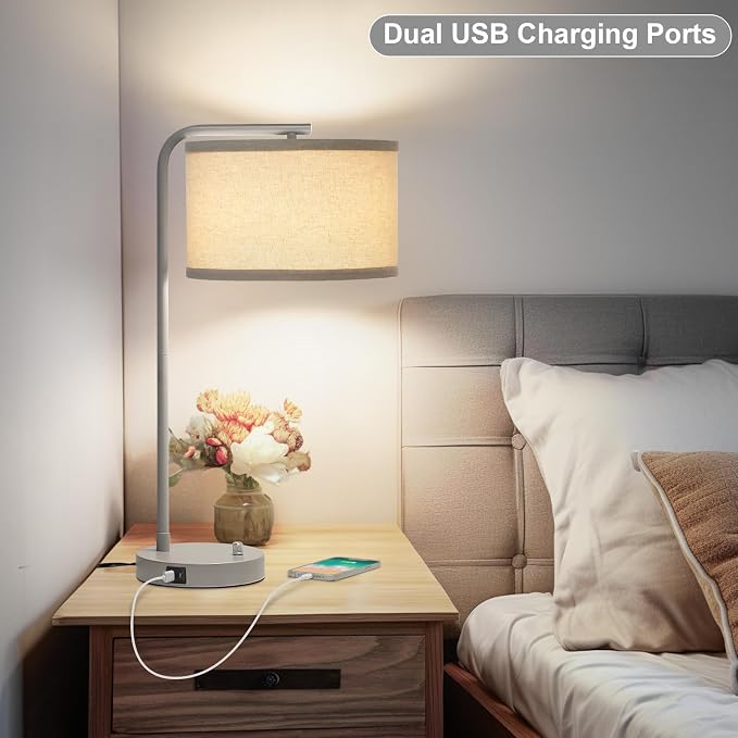 25" Tall Table Lamp with USB C+A Ports, Fully Dimmable Nightstand Lamp | Modern Grey Bedside Lamp with Beige Shade, Minimalist Desk Lamp for Living Room Bedroom Office, LED Bulb Included