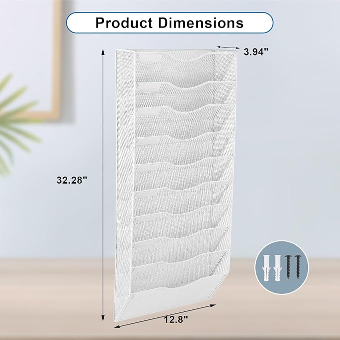 10 Pocket Mesh Hanging Wall File Organizer, Wall Mounted Mail Paper Document Folder Holder, Clipboard Storage Organization Magazine Rack with Nametag Label for Office Home School, White