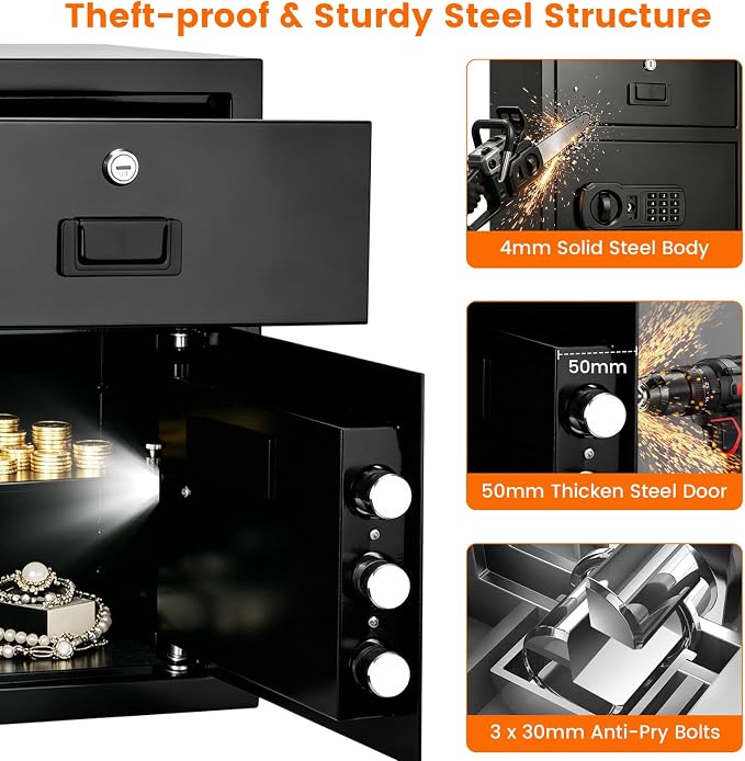 3.2 cu ft Fireproof Safe Boxwith Lockable Drawer, Anti-Theft Safe Deposit Box with Combination Lock & 2 Backup Keys, Heavy Duty Depository Safe Box for Business Home Office