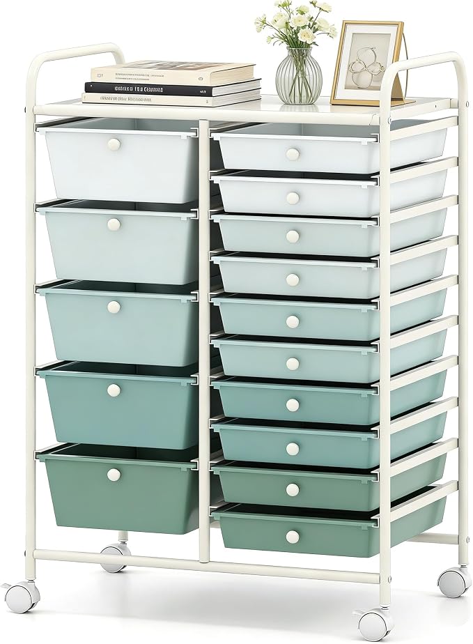 COSTWAY 15 Drawer Rolling Storage Cart, Mobile Storage Organizer | Removable Drawers & Metal Frame, Multipurpose Utility Tools Paper Organizer on Wheels for Home, Office (Green Gradient)