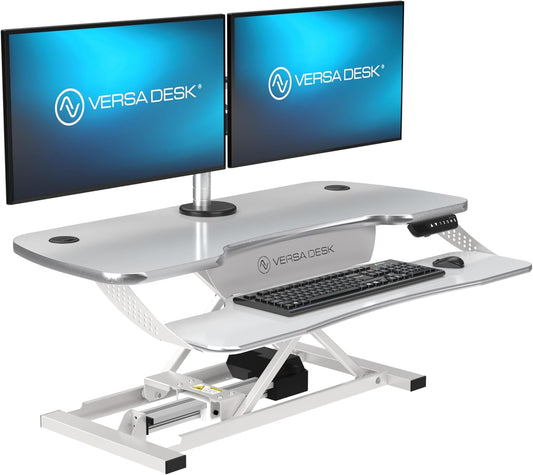 VERSADESK® PowerPro™ Elite 40” x 24" – App Controlled Electric Standing Desk Converter w/USB Charging Port. Raises up to 20”. Fully Assembled – Includes LED Lights. Supports 80 lbs. – White