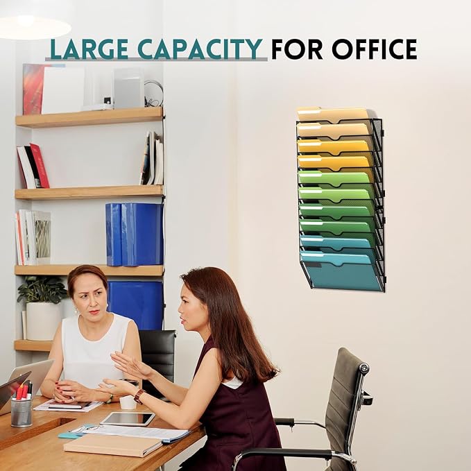 10 Tier Wall File Organizer, Hanging Wall Mounted Mail Organizer with Label Slots, Metal Mesh File Holder Magazine Rack for Office, Home, School or Classroom, Black