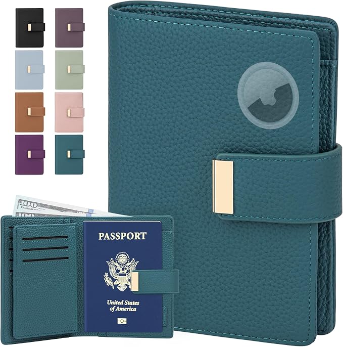 BKNOOU Slim Passport Holder RFID Blocking for Man & Women, Small Passport Holder with Airtag for Travel Compact Leather Passport Wallet Airtag, Zipper Coin Pocket Passport Cover Holder Card, Cash