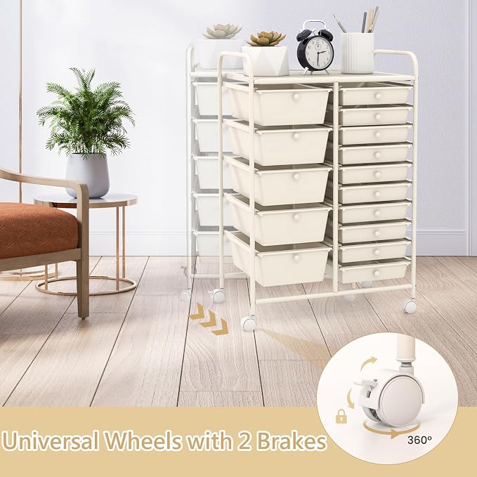 RELAX4LIFE 15-Drawer Storage Drawer Carts - Mobile Rolling Utility Cart w/Wheels, Craft Organizer for Classroom Organization and Storage, School, Office, Home, Storage Organizer Cart (White)