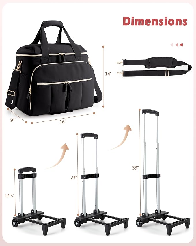 Marscamd Rolling Teacher Bag with Accordion File Organizer for Work | 15.6" Laptop Compartment, Detachable Trolley & Crossbody Strap, Womens Briefcase Tote with Wheels (Black)